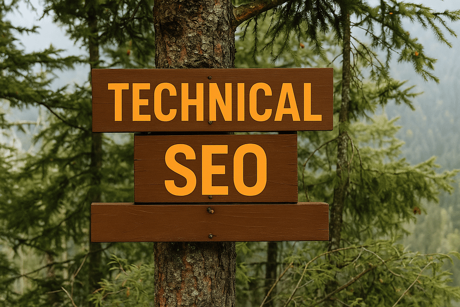 A sign on a hiking trail in the Portland, Maine woods that says "technical seo"