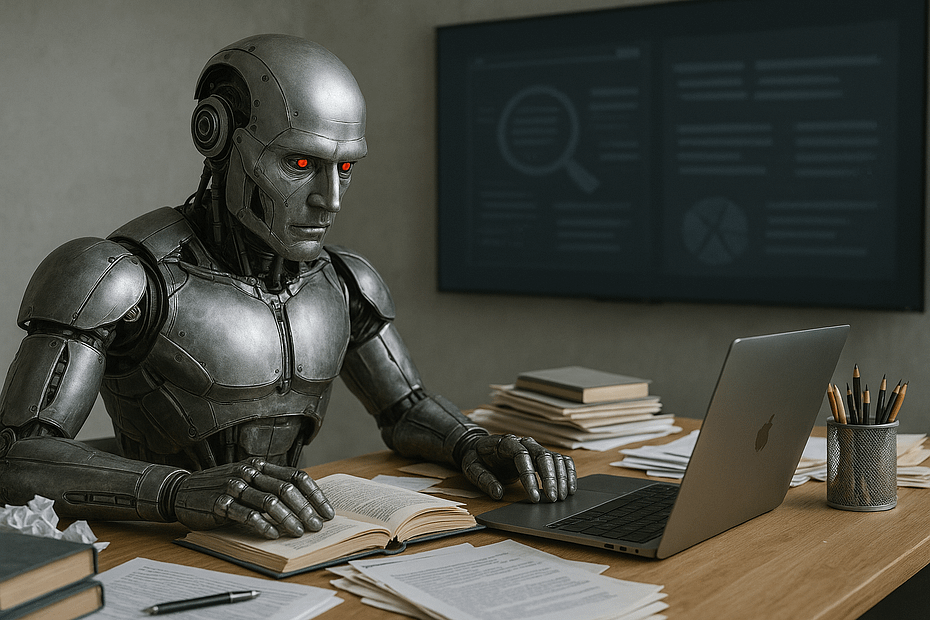 An AI robot doing topical research for his content strategy at a desk