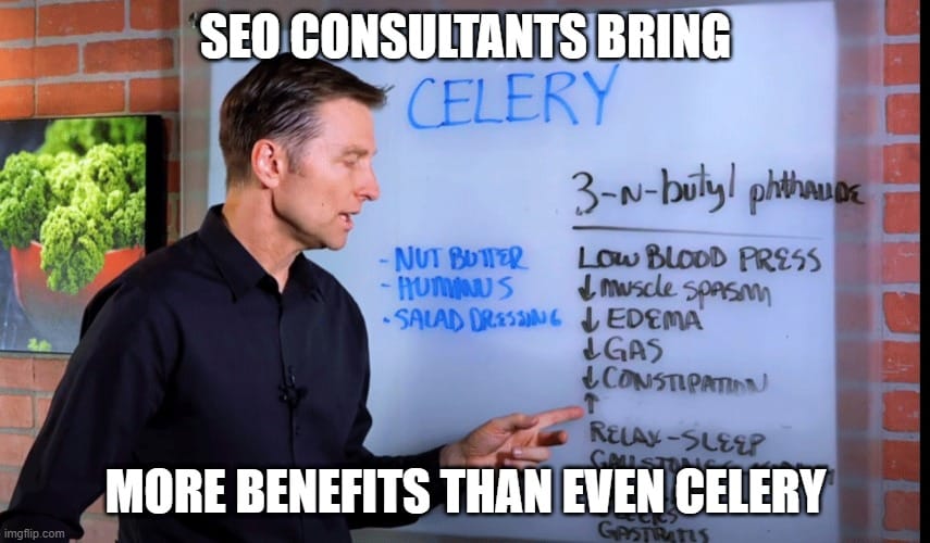 A business man at a white board discussing the benefits of celery with the caption "SEO consultants bring more benefits than even celery."